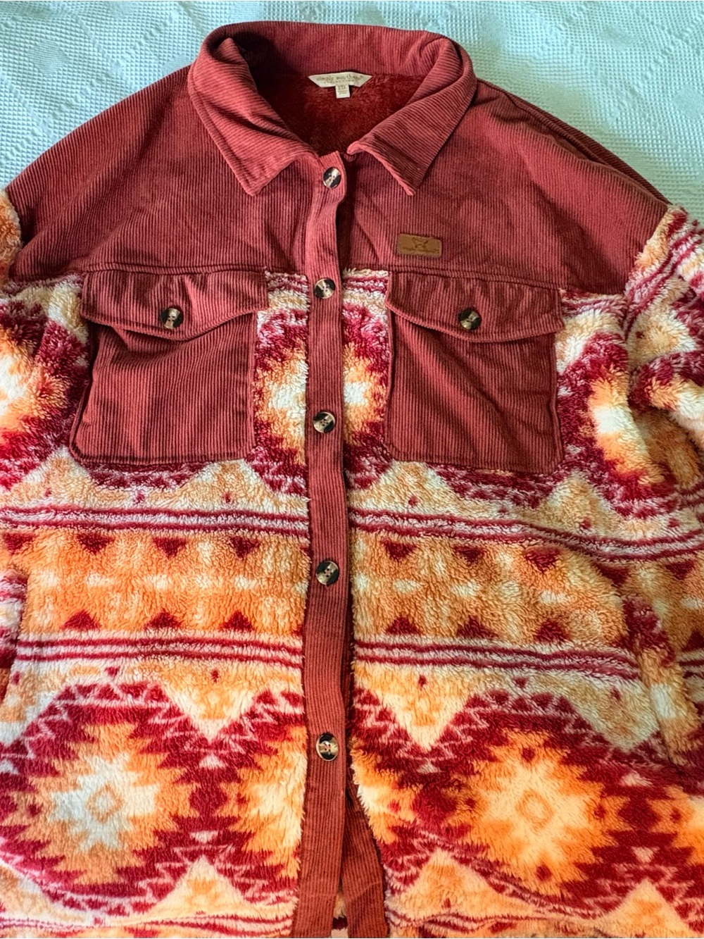 Simply Southern Corduroy Sherpa Jacket with Multicolor Aztec Pattern